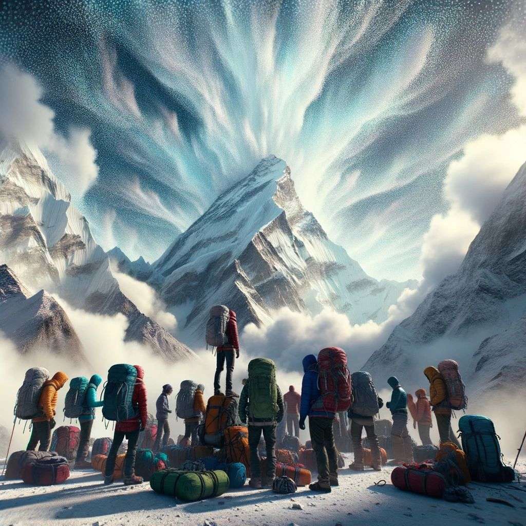 someone gazing at Mount Everest, particle simulation, Octane render